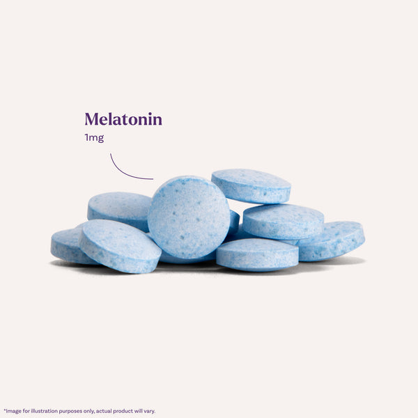 Key ingredient graphic: pile of light blue tablets labelled Melatonin 1 mg