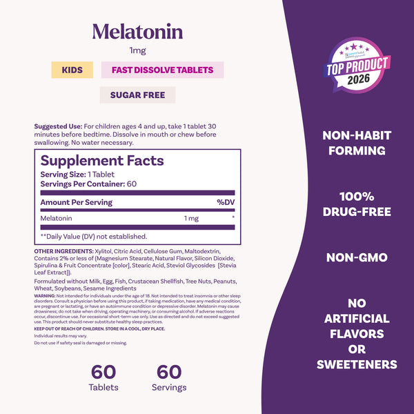 Supplement Facts panel for Kids Fast Dissolve Melatonin 1 mg, sugar free, 60 tablets, 60 servings