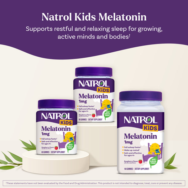 Natrol Kids Melatonin graphic: three Kids Melatonin bottles on display stands