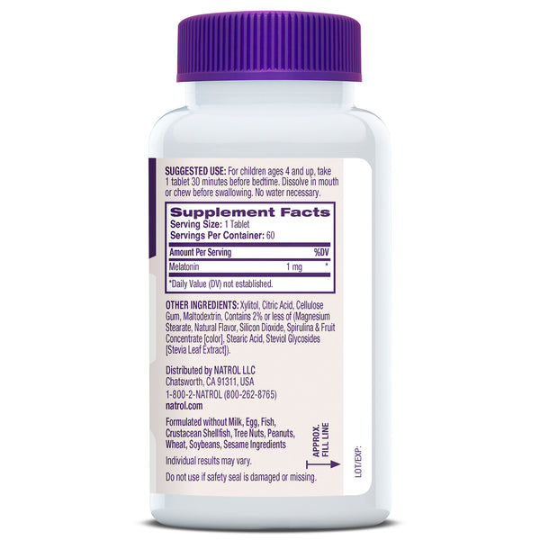 Kids Fast Dissolve Melatonin bottle side label with suggested use, Supplement Facts and other ingredients