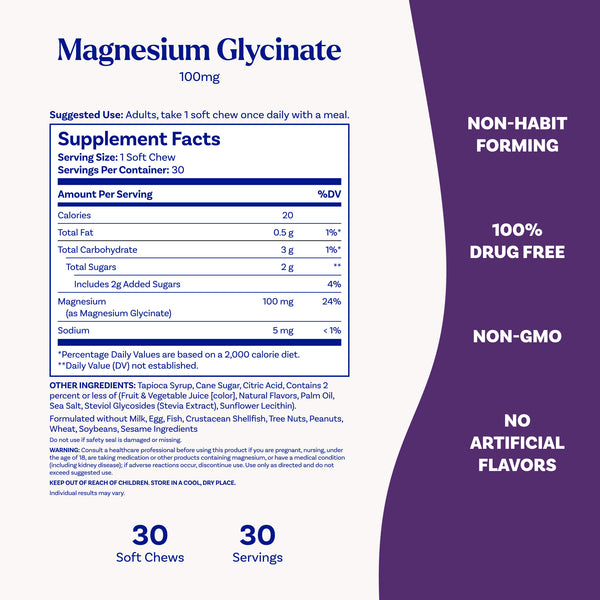 High Absorption Magnesium Glycinate Soft Chews, 100mg