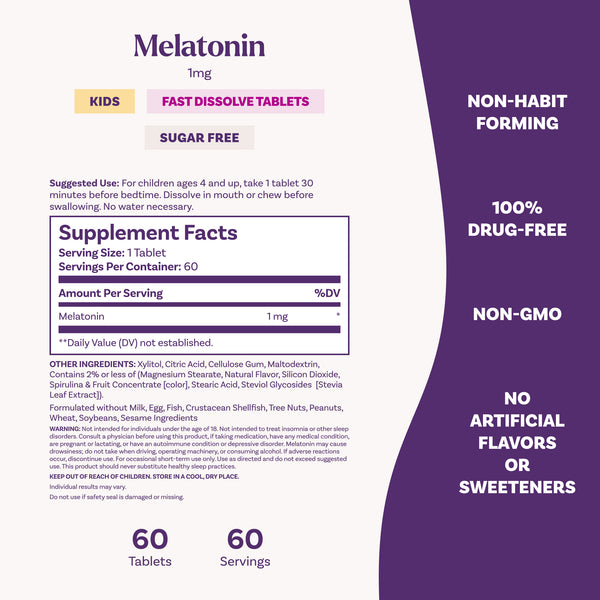 Kids Fast Dissolve Melatonin Tablets, 1mg (Blue Razz Flavor)