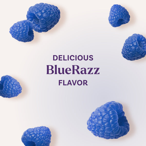Flavor graphic: BlueRazz Flavor text surrounded by blue raspberries
