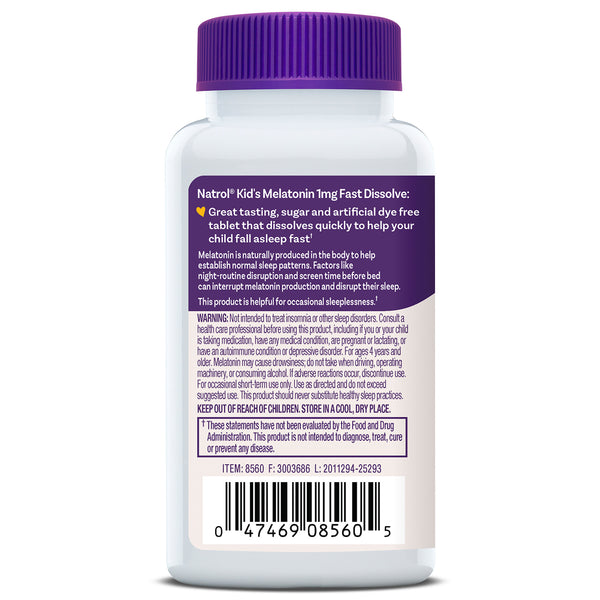 Kids Fast Dissolve Melatonin 1 mg bottle back label with product description, warnings and barcode