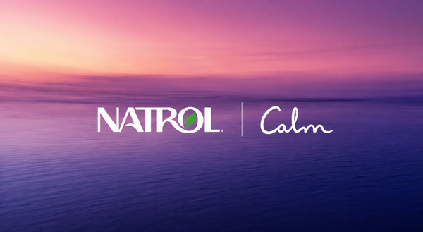 NATROL Calm logo with a serene sunset over water background